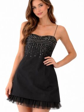 Mikael Aghal Black Beaded Spaghetti-Strap Mini Dress